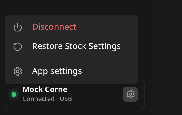 The device menu open from the device card: Disconnect, Restore Stock Settings, App settings