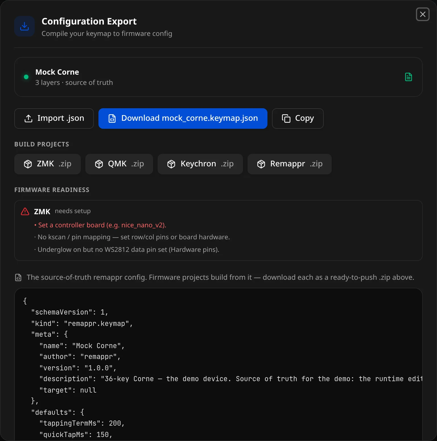 The Configuration Export modal: the keyboard card, Import / Download / Copy, Build projects, Firmware readiness, and the config preview