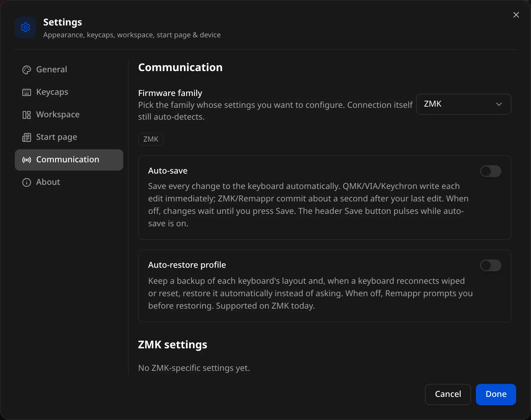 Settings → Communication: firmware family, Auto-save, Auto-restore profile, and the family's own settings
