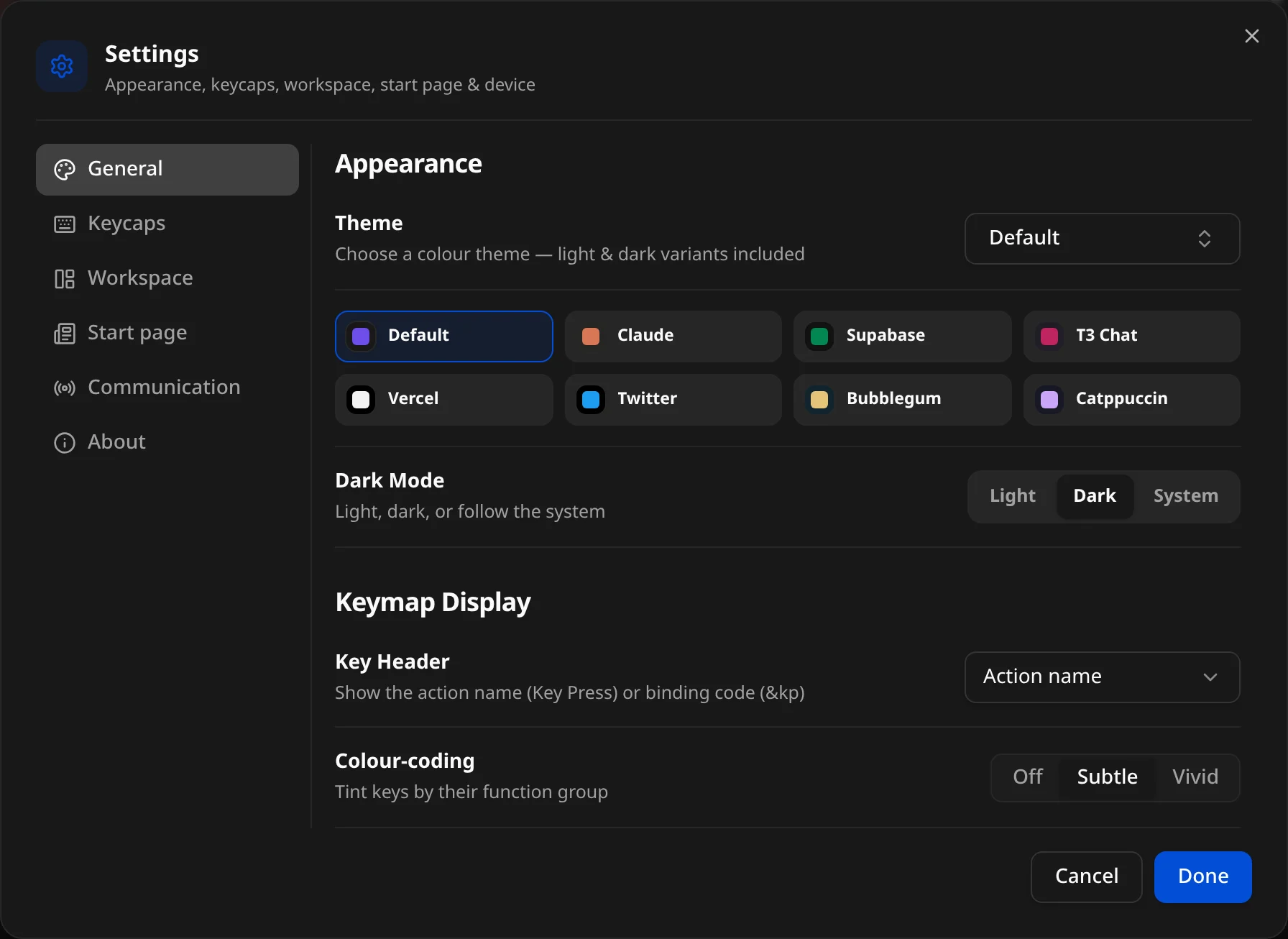 Settings → General: theme, dark mode, key header and colour-coding