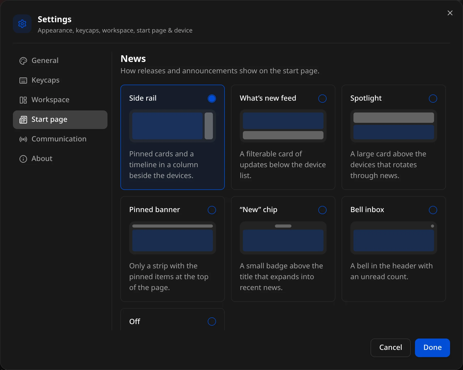 Settings → Start page: the seven news layouts
