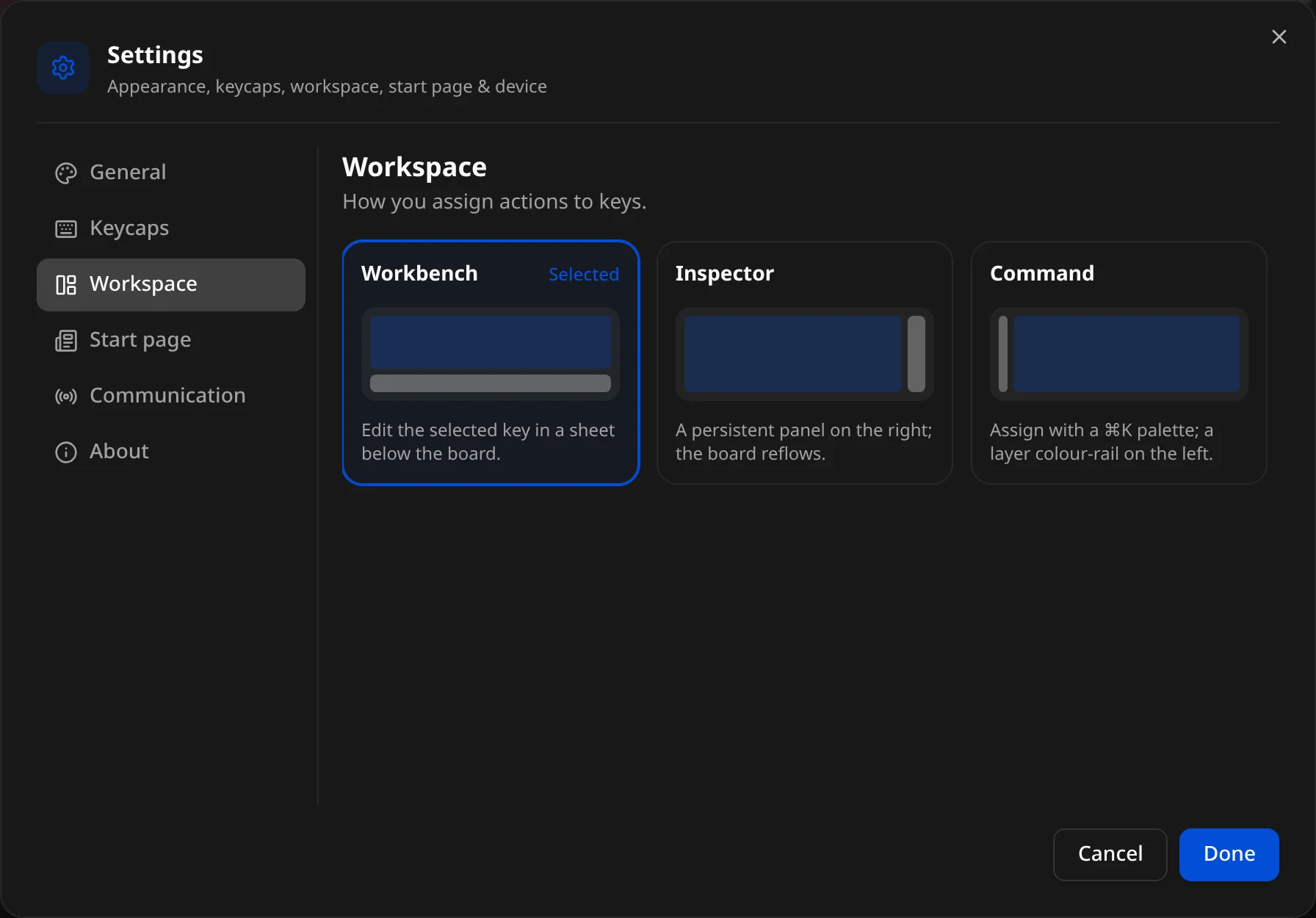 Settings → Workspace: Workbench, Inspector and Command