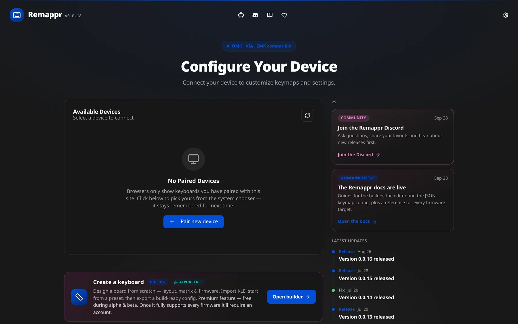 The Start Page: Available Devices, the news rail, the Create a keyboard card, and the Try Demo Mode / Get the desktop app cards