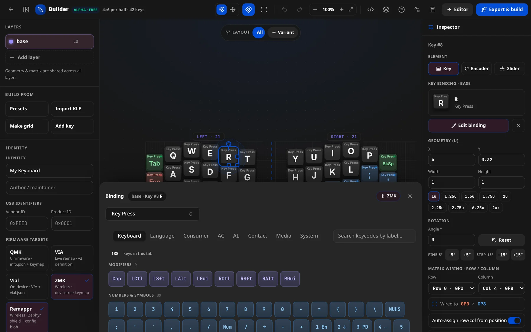 The binding picker under the canvas: the Binding header, action type, keycode tabs and the key grid