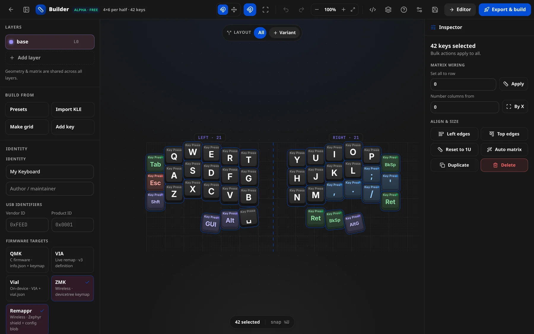 42 keys selected: Matrix wiring and Align & size bulk actions