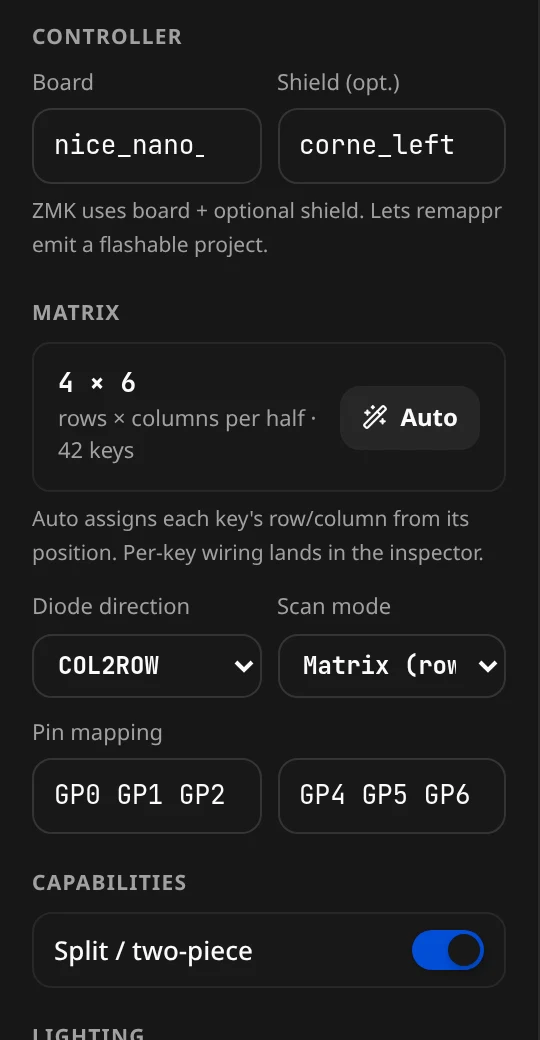 Controller and Matrix: board and shield, the 4 × 6 matrix with Auto, diode direction, scan mode and pin mapping