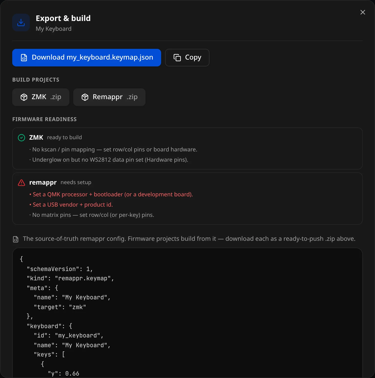 Export & build: Download / Copy, Build projects chips for ZMK and Remappr, Firmware readiness per target, and the config preview