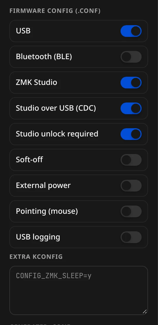 Firmware config (.conf): the Kconfig toggles and the Extra Kconfig box