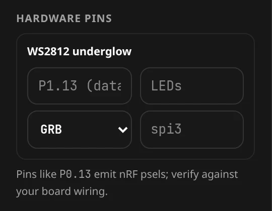 Hardware pins: the WS2812 underglow data pin, LED count, colour order and SPI instance