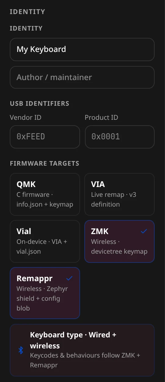 The top of the Identity panel: Identity, USB identifiers, Firmware targets and the keyboard-type line