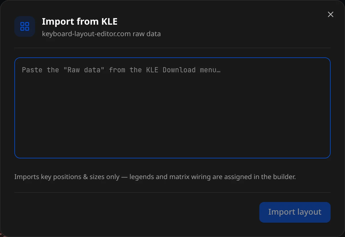 Import from KLE: a box for the Raw data, and Import layout