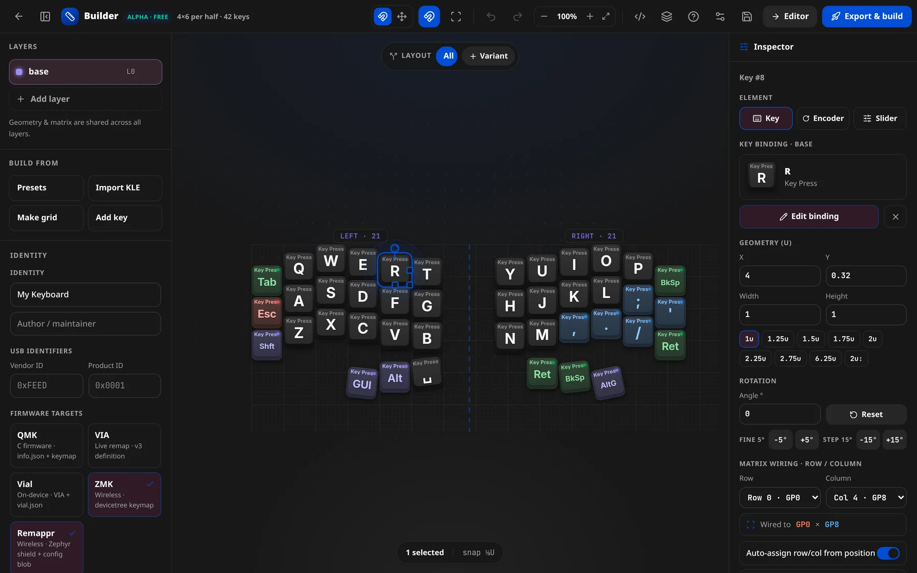 One key selected: the inspector on the right with Element, Key binding, Geometry, Rotation and Matrix wiring