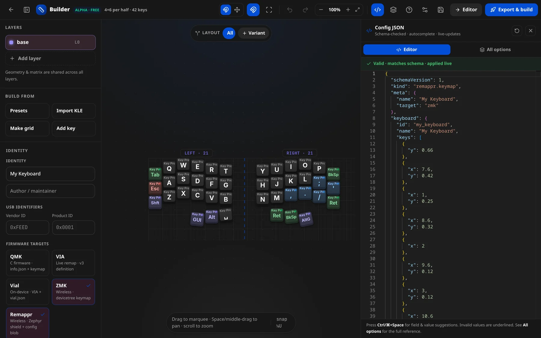 The Config JSON panel docked on the right, with the Valid · matches schema · applied live status
