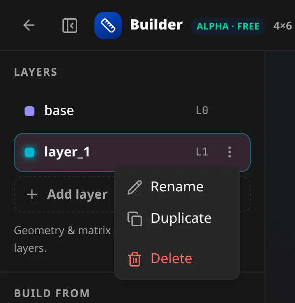 The Layers panel with base and layer_1, and the layer menu: Rename, Duplicate, Delete