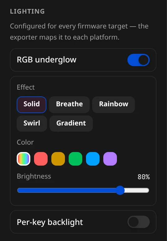 Lighting with RGB underglow on: Effect chips, colour swatches and Brightness
