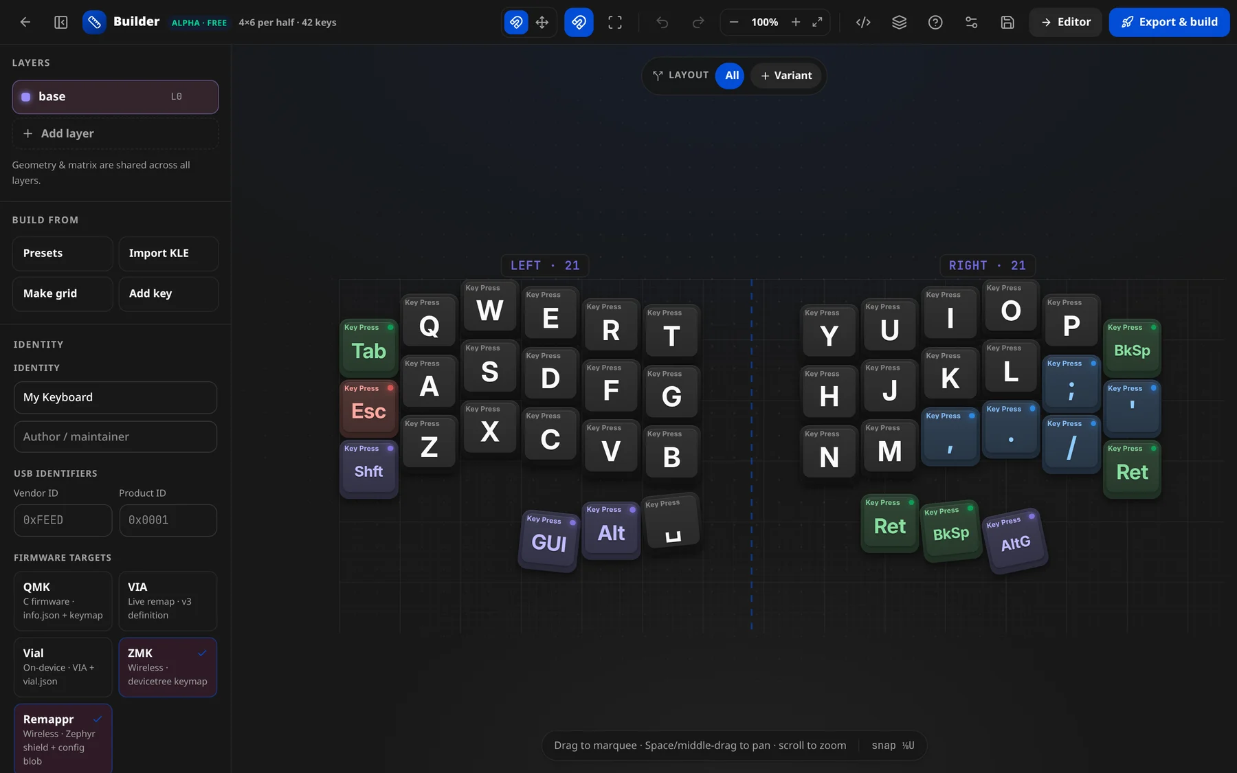 The builder: toolbar across the top, the Layers / Build from / Identity panel on the left, the default 42-key split on the canvas