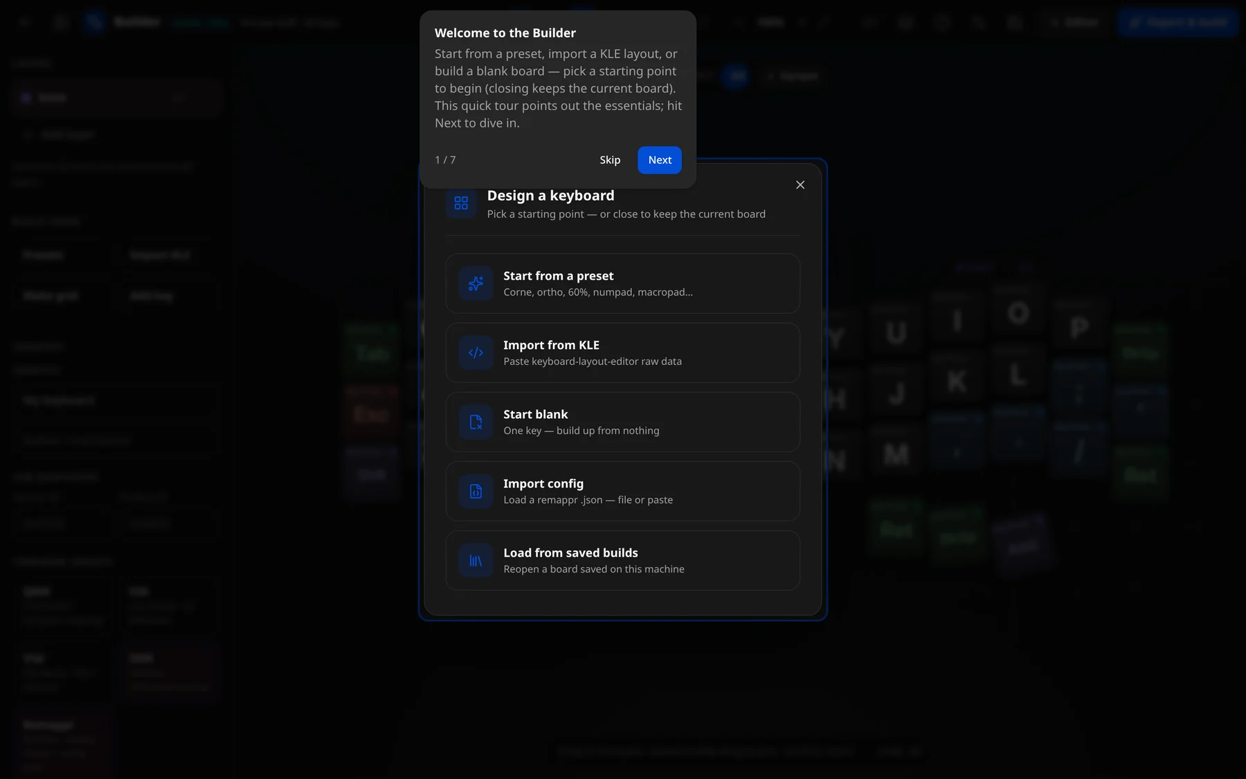 The Design a keyboard dialog with its five starting points, under the first step of the builder tour