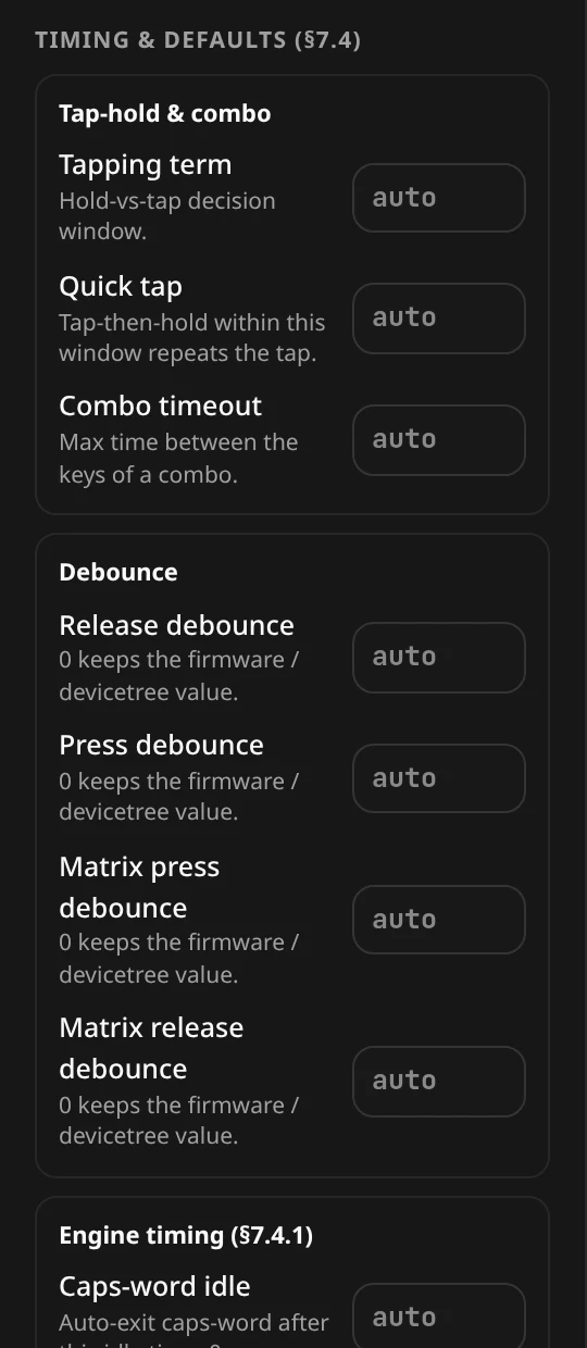 Timing & defaults: Tap-hold & combo, Debounce and Engine timing groups, all on auto