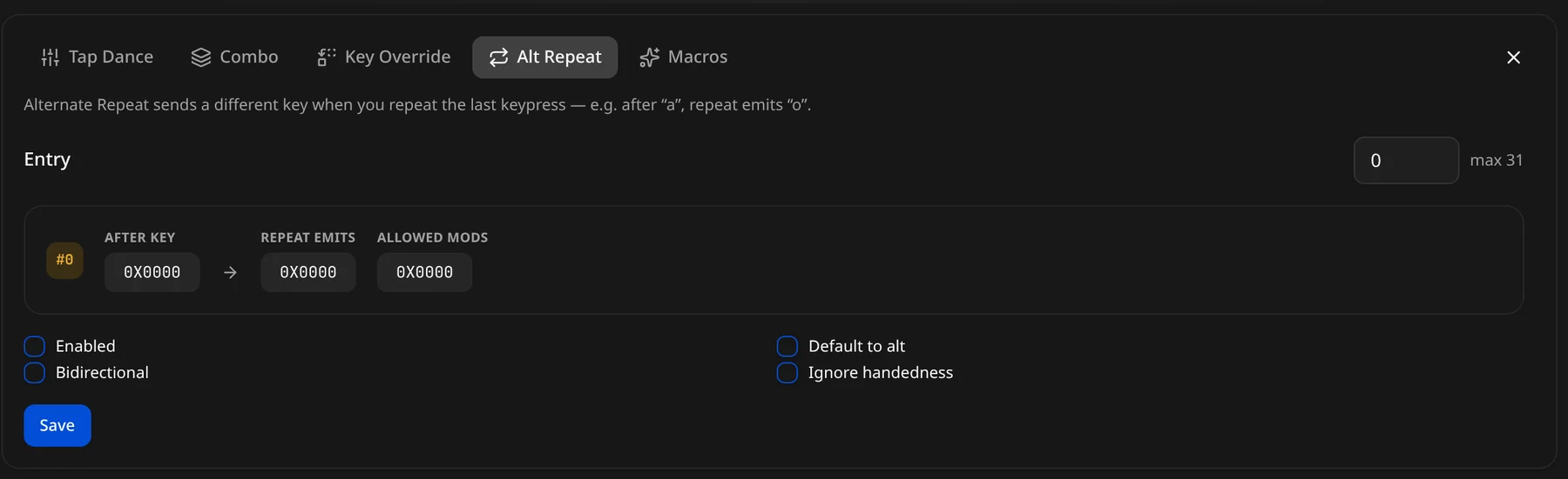 The Alt Repeat tab: after key, repeat emits, allowed mods