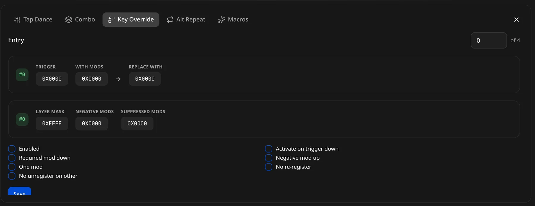 The Key Override tab: trigger, mods, replacement, layer mask and option checkboxes