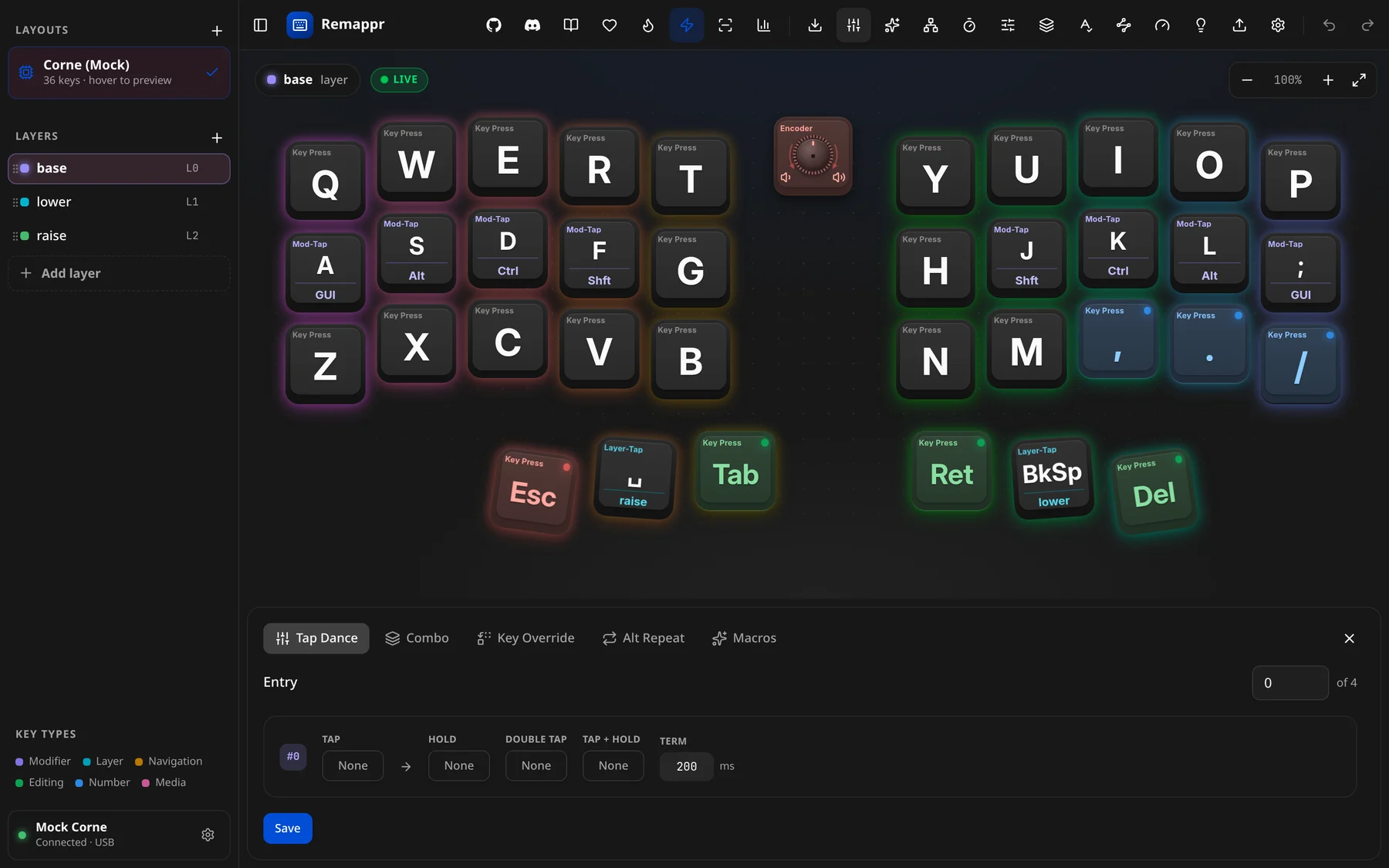 The Tap Dance tab: TAP, HOLD, DOUBLE TAP and TAP + HOLD slots with a TERM in ms