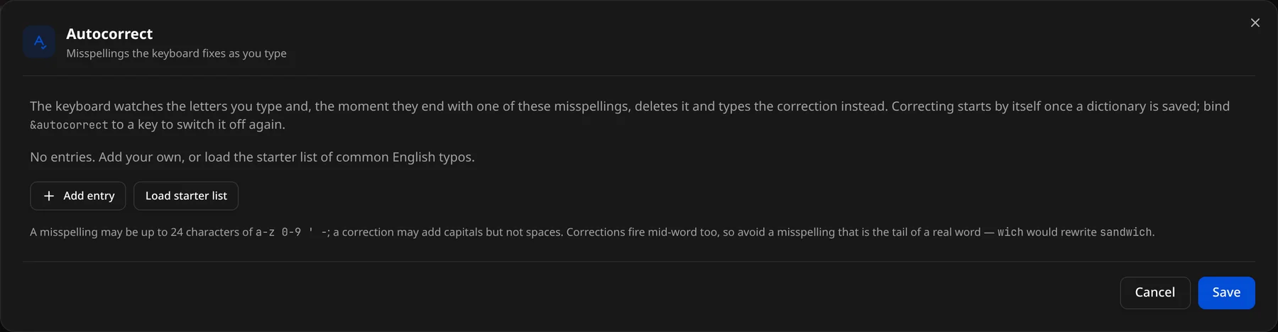 Autocorrect: the explanation, Add entry and Load starter list
