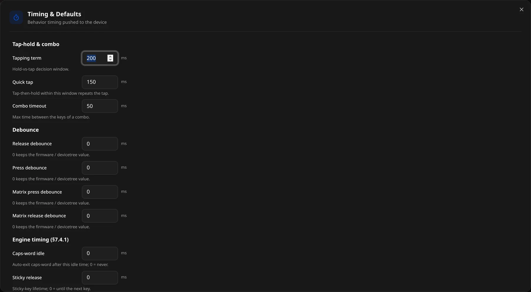 Timing & Defaults: tap-hold & combo, debounce and engine timing fields