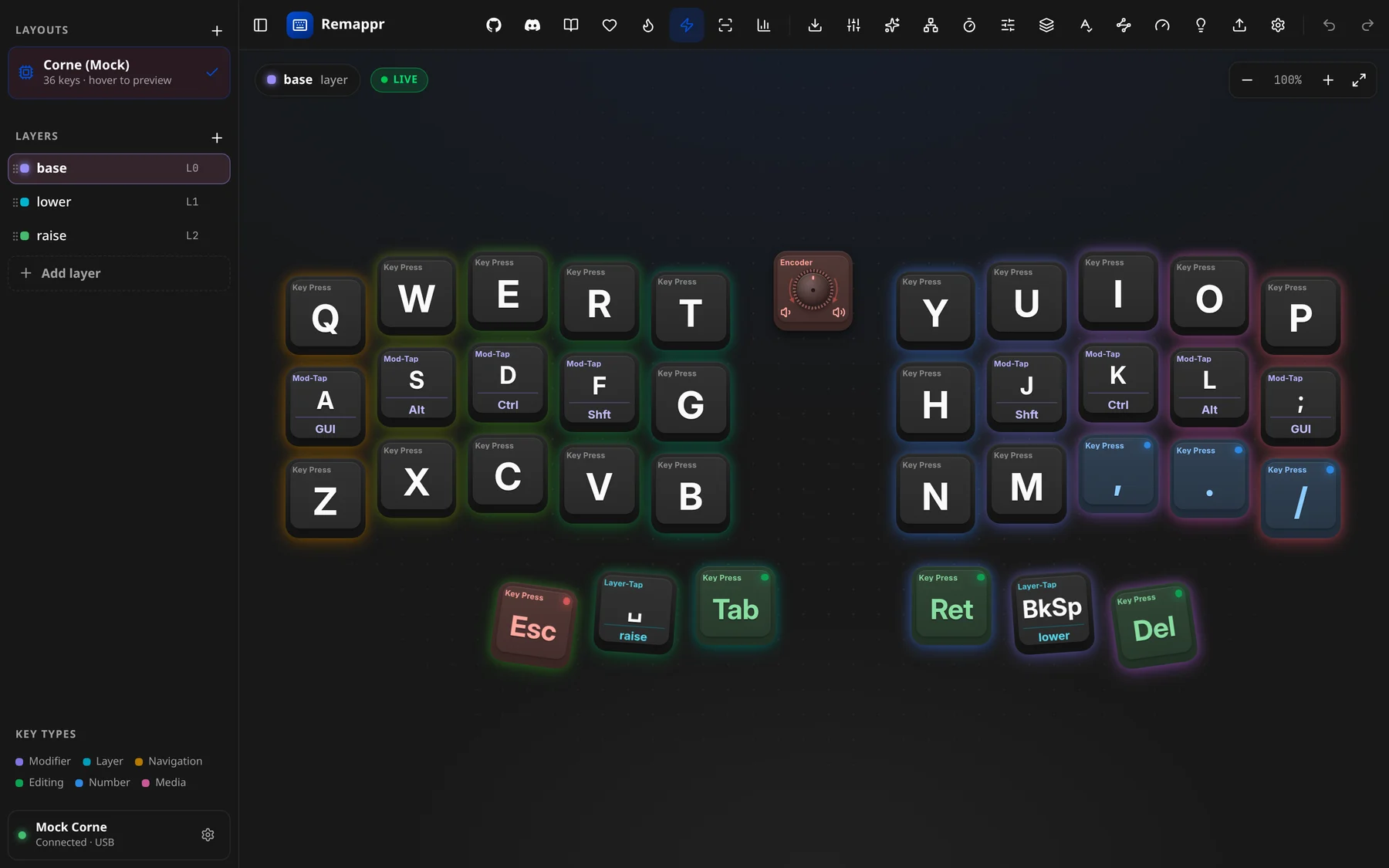 The editor on the demo Corne: the sidebar on the left, the board in the middle, the header toolbar on top