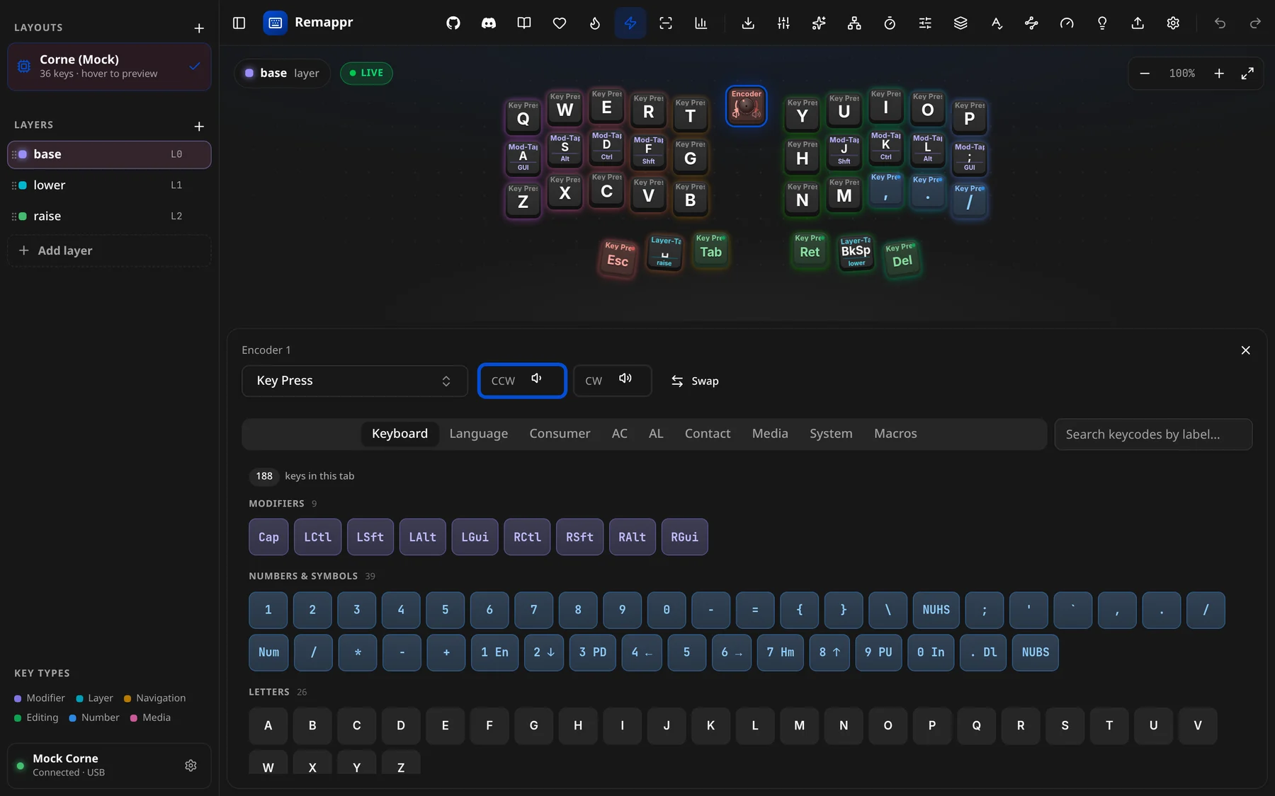 An encoder selected: its action type, the CCW and CW slots, and Swap