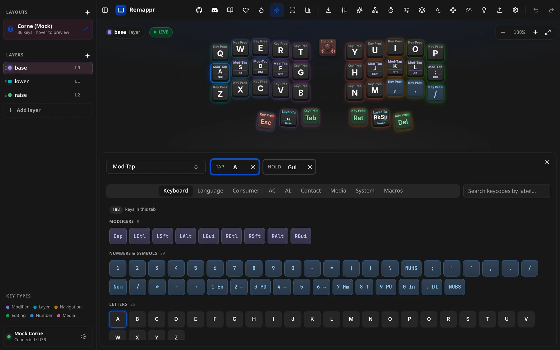 A Mod-Tap key selected: the action type, its TAP and HOLD slots, and the keycode picker below