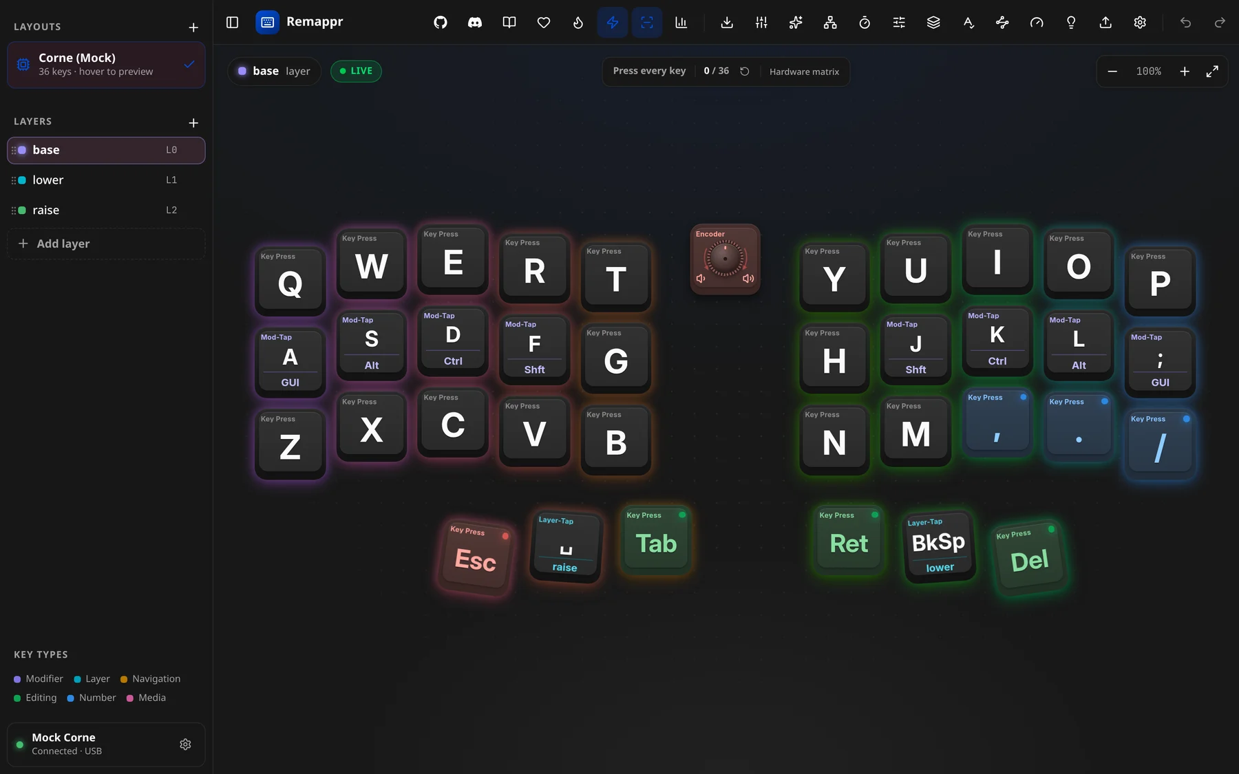 Key test on: "Press every key" with a 0 / 36 counter and the source, Hardware matrix