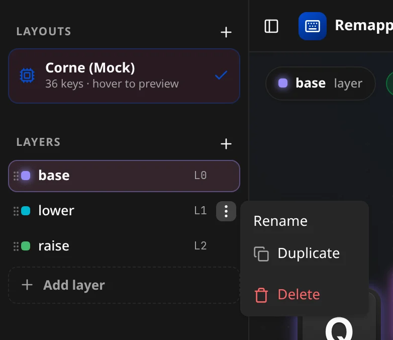 The layer menu: Rename, Duplicate, Delete