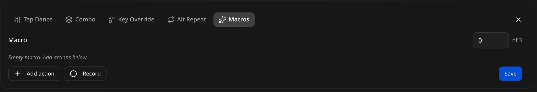 The Macros tab: an empty macro with Add action and Record