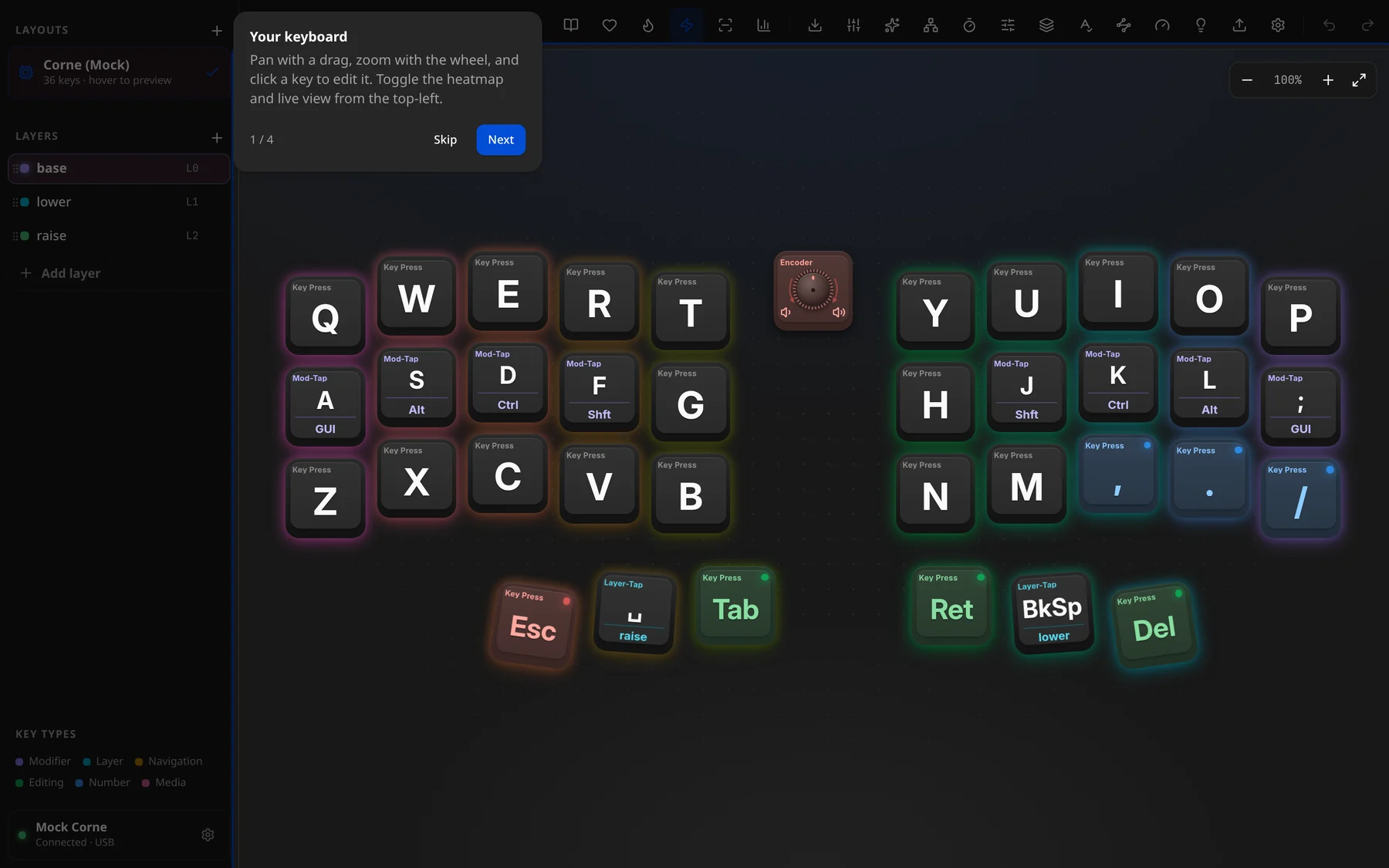 The first tour step, "Your keyboard", over the board